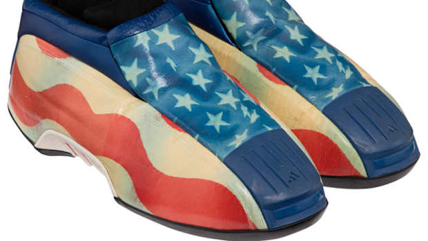 View of Kobe Bryant's American flag-themed adidas shoes.