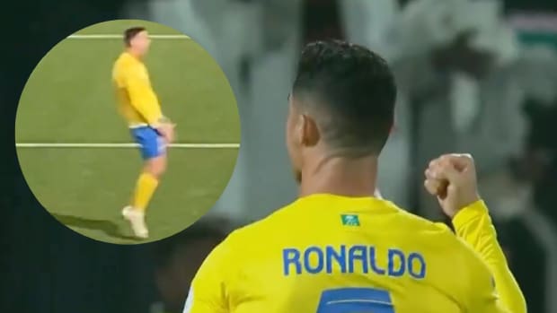 Cristiano Ronaldo pictured celebrating a late goal during Al Nassr's 3-2 win over Al-Shabab in the Saudi Pro League in February 2024