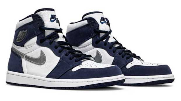Navy and white Air Jordan shoes.