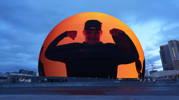 Views of Patrick Mahomes' adidas ad on the Sphere in Las Vegas.