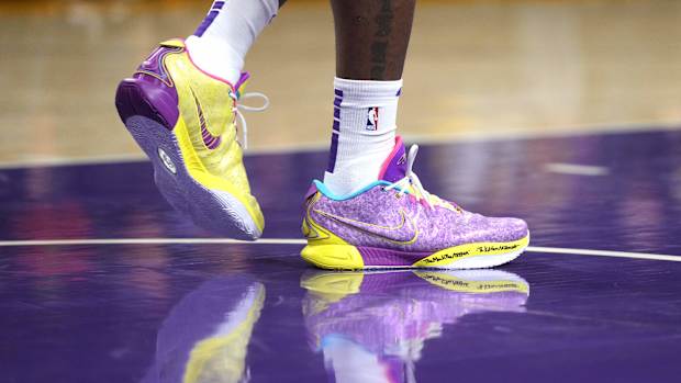 Los Angeles Lakers forward LeBron James' purple and gold Nike sneakers.