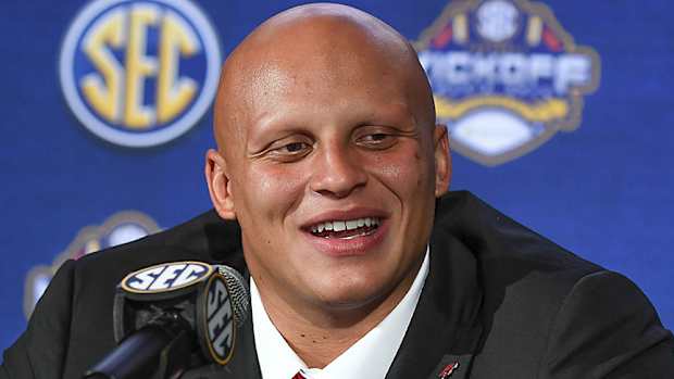 Arkansas defensive end Landon Jackson speaks at SEC Media Days in Nashville.