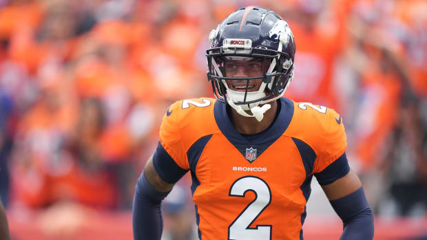 Denver Broncos cornerback Pat Surtain II (2) reacts in the first quarter against the Denver Broncos at Empower Field at Mile High.