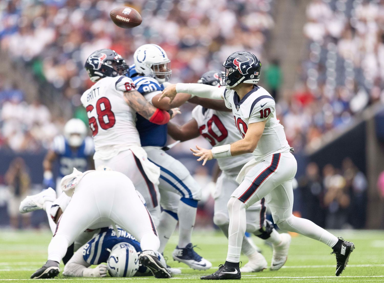 Houston Texans quarterback Davis Mills (10) throws a pass against the Indianapolis Colts.