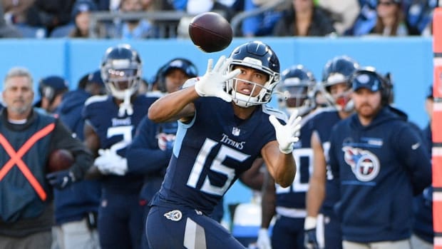 Tennessee Titans wide receiver Nick Westbrook-Ikhine (15) makes a catch against the Jacksonville Jaguars during the second half at Nissan Stadium.