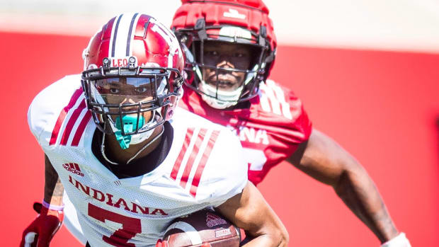 Indiana's E.J. Williams (7) runs after the catch during Indiana football's Spring Football Saturday event at Memorial Stadium on Saturday, April 15, 2203.