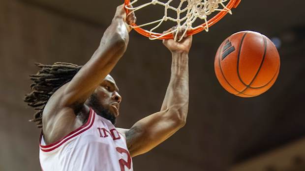 Indiana's Mackenzie Mgbako (21) dunks during the Indiana versus University of Indianapolis men's basketball game at Simon Skjodt Assembly Hall on Sunday, Oct. 29, 2023.