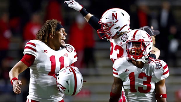 2022 Nebraska-Rutgers celebration Casey Thompson and Malcolm Hartzog