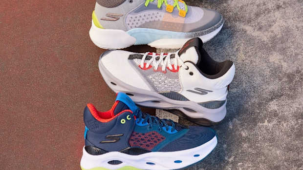 Side view of four multicolor Skechers basketball sneakers.