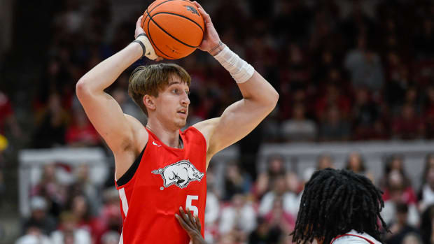 Joseph Pinion examines the offense during the Red-White game in Barnhill Arena. He led all scorers with 20 points, including 3-of-4 from beyond the arc.