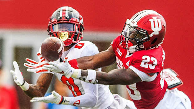 Indiana's Jaylin Williams (23) disrupts a pass during the Indiana versus Western Kentucky football game at Memorial Stadium on Sept. 17, 2022.