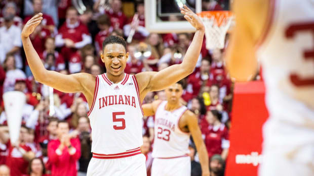 Malik Reneau (5) celebrates during the second half of Indiana versus Michigan State.