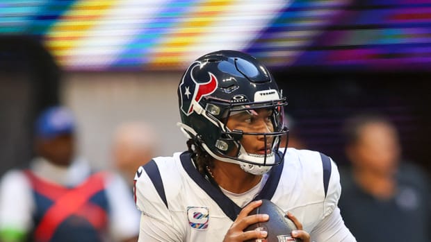Oct 8, 2023; Atlanta, Georgia, USA; Houston Texans quarterback C.J. Stroud (7) drops back to pass against the Atlanta Falcons in the second half at Mercedes-Benz Stadium. Mandatory Credit: Brett Davis-USA TODAY Sports