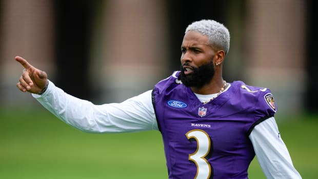 Baltimore Ravens wide receiver Odell Beckham Jr. reacts to a teammate.