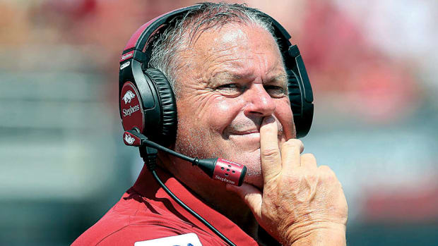 Razorbacks coach Sam Pittman during game with Western Carolina in Little Rock.