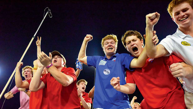 SMU fans celebrate an interception during the second quarter against Tulsa at Gerald J. Ford Stadium.