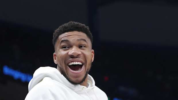 Milwaukee Bucks forward Giannis Antetokounmpo (34) celebrates