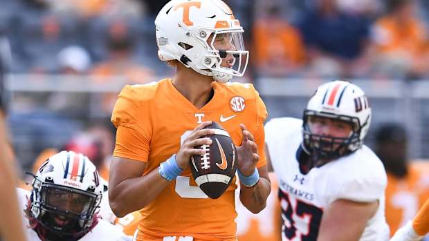 Tennessee quarterback Tayven Jackson (3) looks for an open receiver during the NCAA college football game against UT Martin on Saturday, October 22, 2022 in Knoxville, Tenn.
