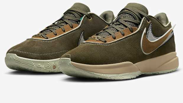 View of olive and brown LeBron shoes.