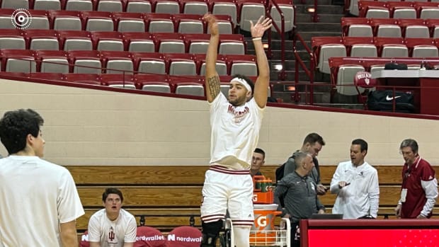 Indiana sixth-year forward Race Thompson shoots during warmups prior to the Hoosiers' game against Michigan State on Sunday at Noon ET at Simon Skjodt Assembly Hall in Bloomington, Ind.