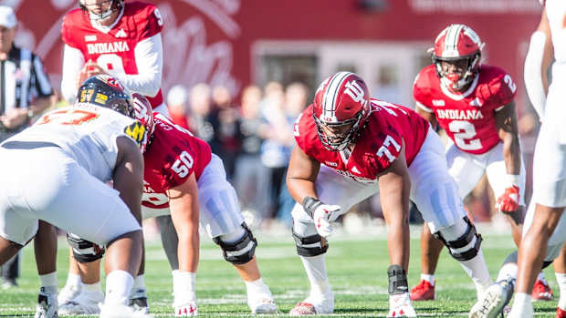 Indiana's Joshua Sales Jr. (77) lines up during the Indiana versus Maryland football game at Memorial Stadium on Saturday, Oct. 15, 2022.