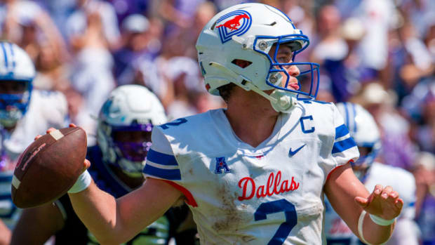 SMU quarterback Preston Stone delivers a pass against TCU on Saturday afternoon in Amon Carter Stadium in Forth Worth.
