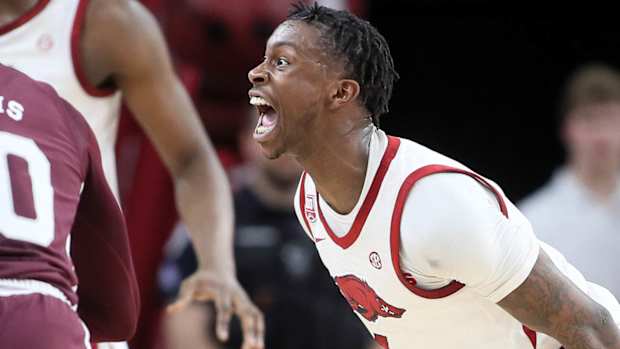 Arkansas guard Davonte Davis screams out instructions to his fellow Razorbacks