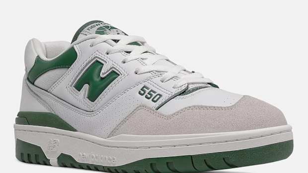 White and green New Balance 550 shoes.