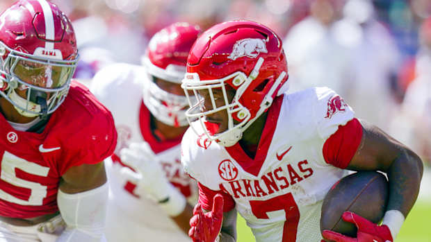 Razorbacks Rashod Dubinion looking for running room against Alabama