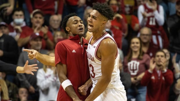 Indiana forward Trayce Jackson-Davis (23) celebrates with guard Tamar Bates (53) in the second half against Marshall at Simon Skjodt Assembly Hall last season.