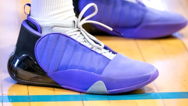 Philadelphia 76ers guard James Harden worked out in the adidas Harden Vol. 7. The unreleased basketball shoes are the seventh installment in his signature line.