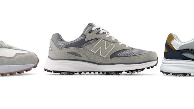 Side view of three multicolor New Balance golf shoes.
