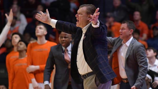 Illinois Fighting Illini head coach Brad Underwood reacts to a call during the first half against the Indiana Hoosiers at State Farm Center.