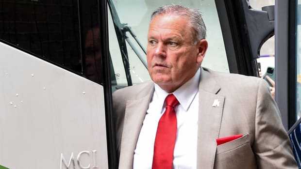 Razorbacks coach Sam Pittman gets off the bus at Tiger Stadium for LSU Game