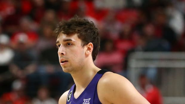 Feb 12, 2022; Lubbock, Texas, USA; Texas Christian Horned Frogs guard Francisco Farabello (3) waits for play to resume in the first half during the game against the Texas Tech Red Raiders at United Supermarkets Arena. Mandatory Credit: Michael C. Johnson-USA TODAY Sports