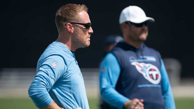 Tennessee Titans offensive coordinator Todd Downing looks over the field during practice at Ascension Saint Thomas Sports Park Thursday, Sept. 15, 2022, in Nashville, Tenn.