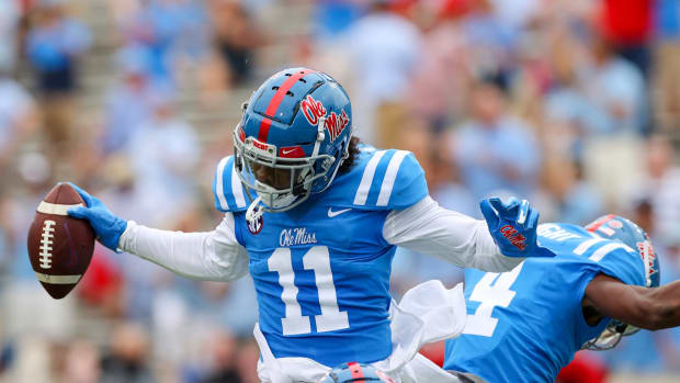 Dontario Drummond celebrates a touchdown reception in the first half against Florida (via. Ole Miss Athletics)