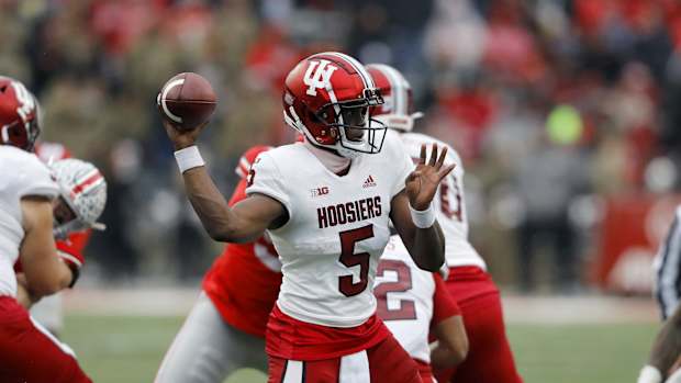 Indiana Hoosiers quarterback Dexter Williams II (5) throws the ball during the third quarter against the Ohio State Buckeyes at Ohio Stadium.