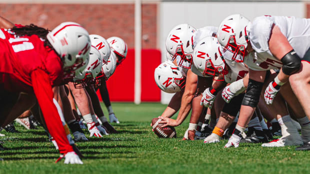 Offensive line and defensive line presnap 2023-08-13 Nebraska football fall camp practice