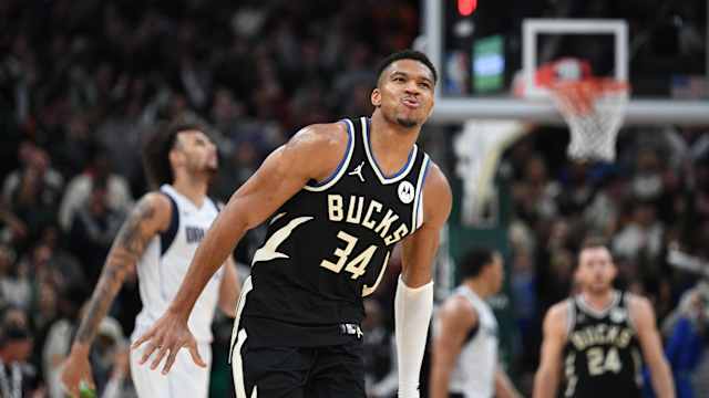 November 18, 2023; Milwaukee Bucks forward Giannis Antetokounmpo celebrates after scoring a basket against the Dallas Mavericks at Fiserv Forum
