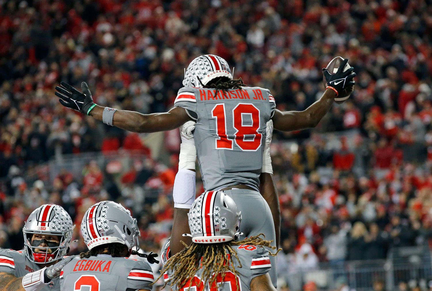 Nov 11, 2023; Columbus, Ohio, USA; Ohio State Buckeyes wide receiver Marvin Harrison Jr. (18) celebrates his touchdown during the first quarter against the Michigan State Spartans at Ohio Stadium.