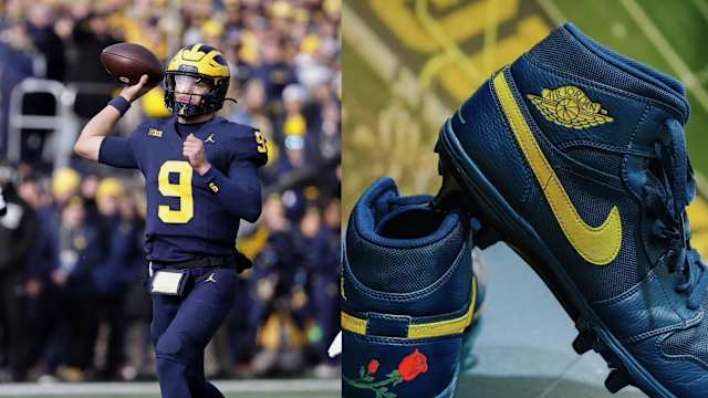 Michigan Wolverines quarterback J.J. McCarthy next to his navy Air Jordan cleats.