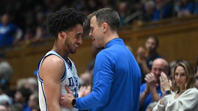 Duke basketball head coach Jon Scheyer and guard Jared McCain
