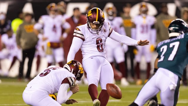 Washington Commanders kicker Joey Slye (6) makes a kick against the Philadelphia Eagles.