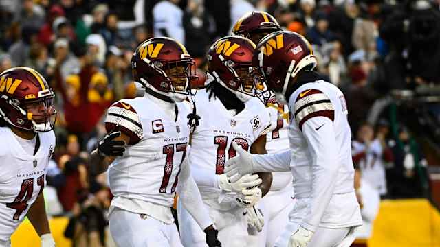 Washington Commanders receivers Terry McLaurin (17), Jahan Dotson (right), and Curtis Samuel (10)