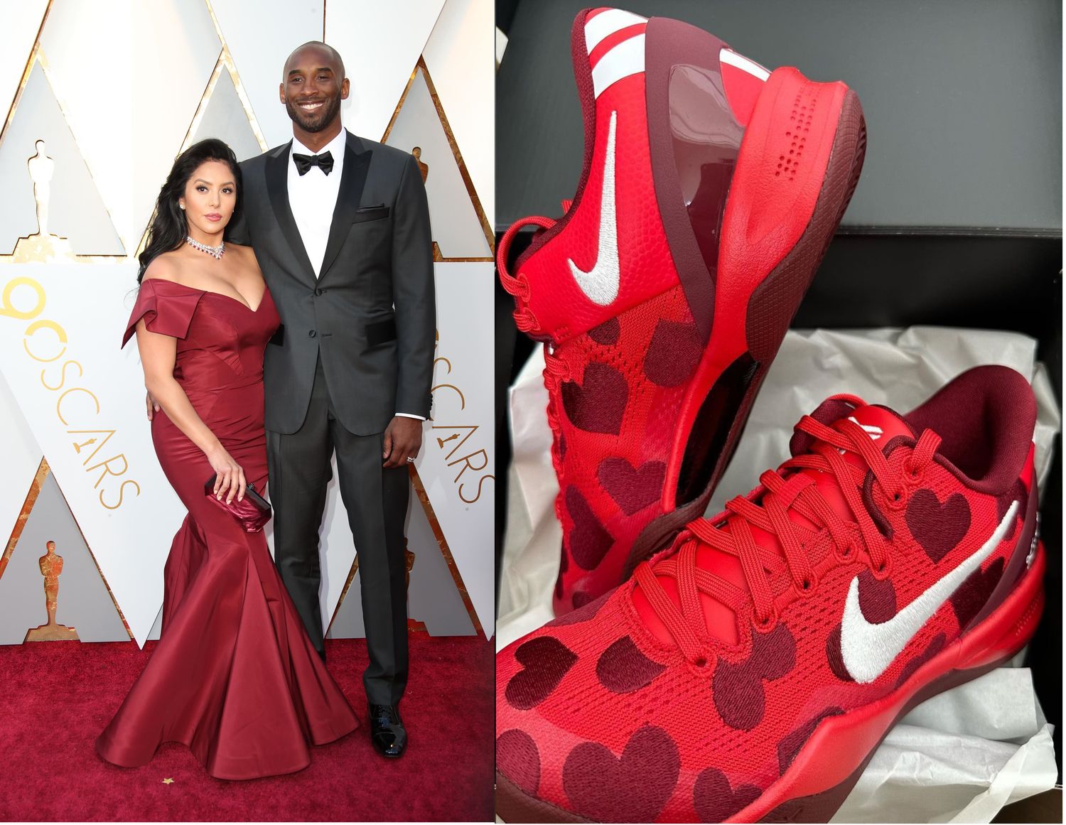 Kobe and Vanessa Bryant are next to red Nike sneakers.