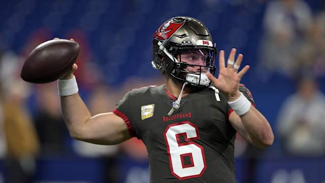 Nov 26, 2023; Indianapolis, Indiana, USA; Tampa Bay Buccaneers quarterback Baker Mayfield (6) throws a pass to warm up before the game against the Indianapolis Colts at Lucas Oil Stadium. Mandatory Credit: Marc Lebryk-USA TODAY Sports  