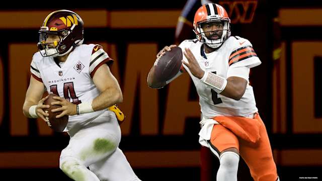 Washington Commanders quarterbacks Sam Howell (left) and Jacoby Brissett (right).