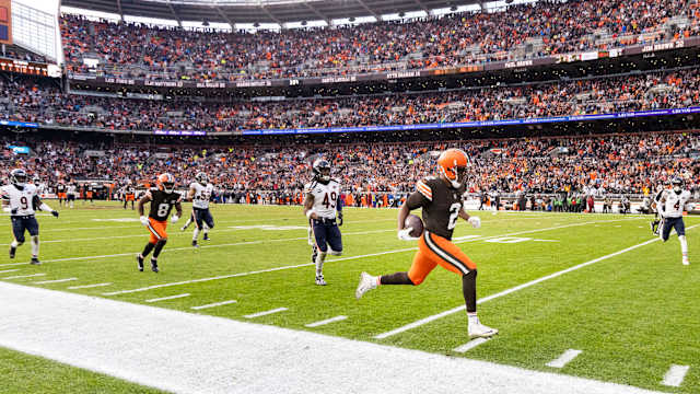 Dec 17, 2023; Cleveland, Ohio, USA; Cleveland Browns wide receiver Amari Cooper (2) runs the ball along the sideline for a touchdown against the Chicago Bears during the fourth quarter at Cleveland Browns Stadium. Mandatory Credit: Scott Galvin-USA TODAY Sports  