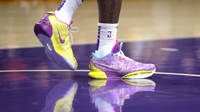 Los Angeles Lakers forward LeBron James' purple and gold Nike sneakers.